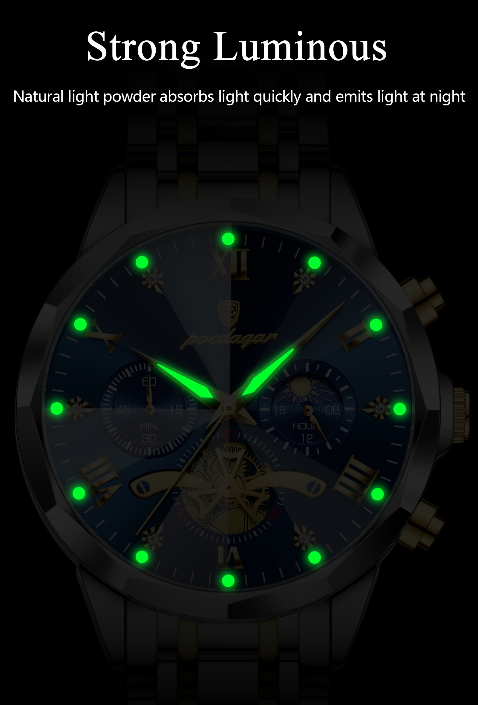 Luxe Stalen Band Herenhorloge Lichtgevend Waterdicht Chronograaf Dag En Nacht Display Heren Polshorloge