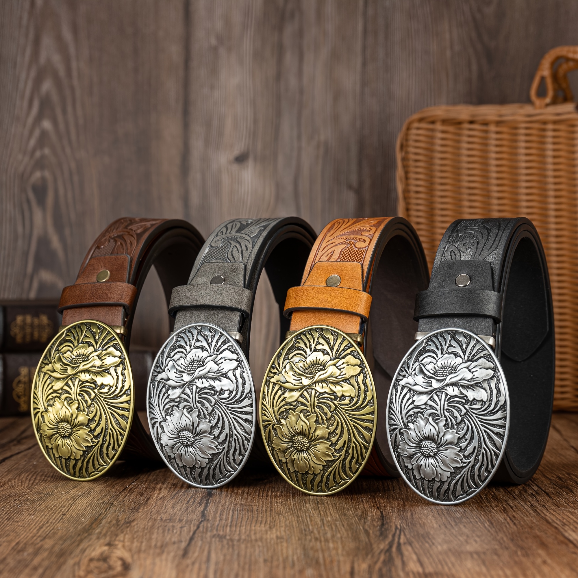 1pc vintage mens floral engraved embossed leather belt bull  display picture 2