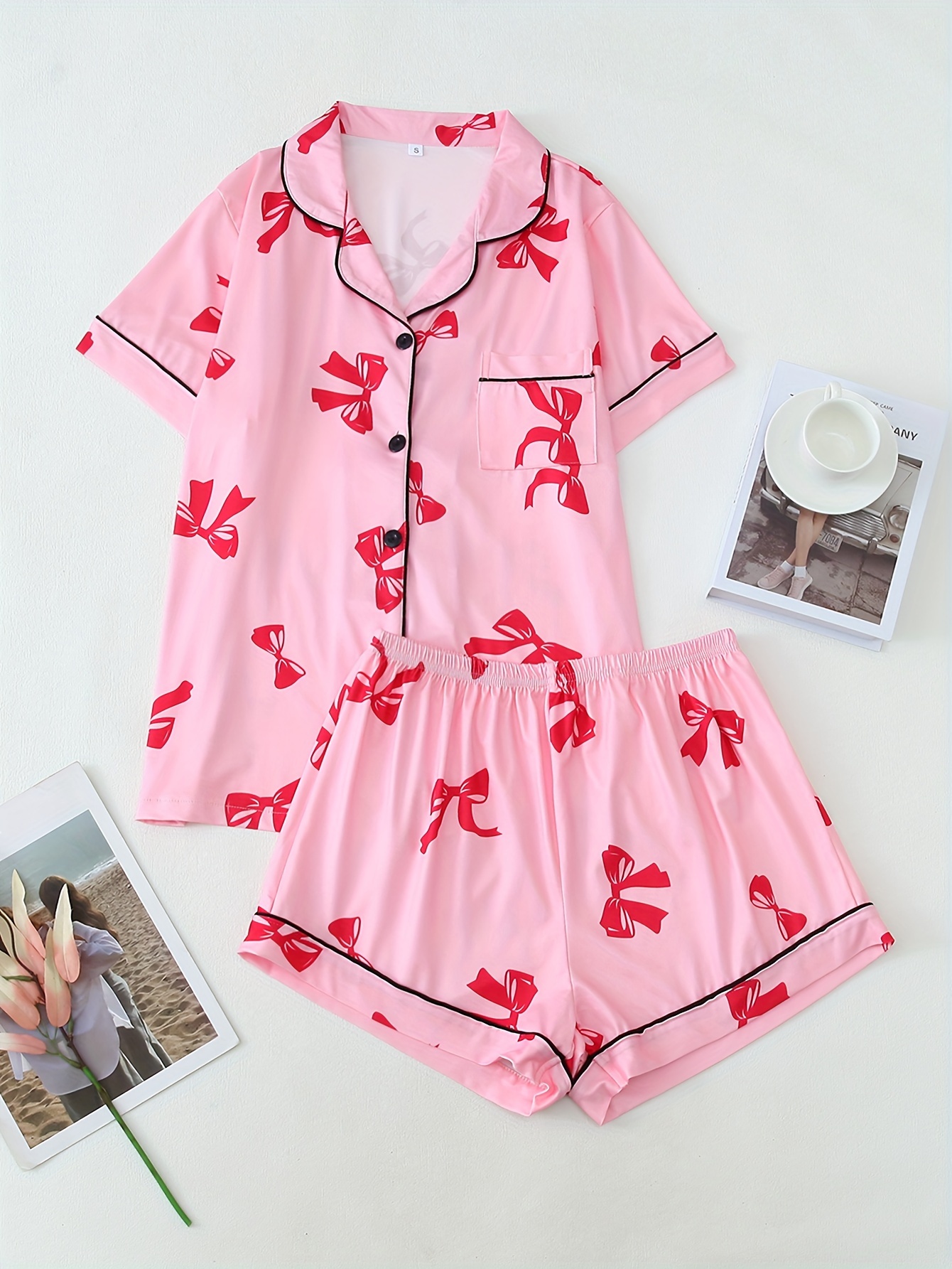 Bow Print Pajama Set Cute Short Sleeve Button Up Lapel Collar Top Elastic Shorts Women s Sleepwear