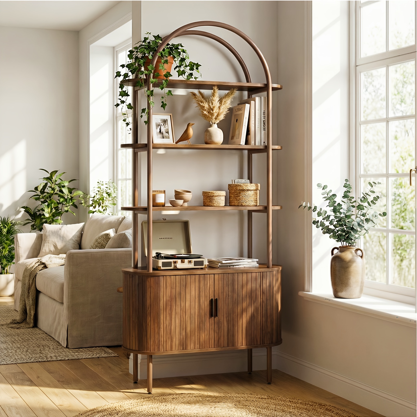 71" Mid Century Modern Arched Bookshelf with Doors
