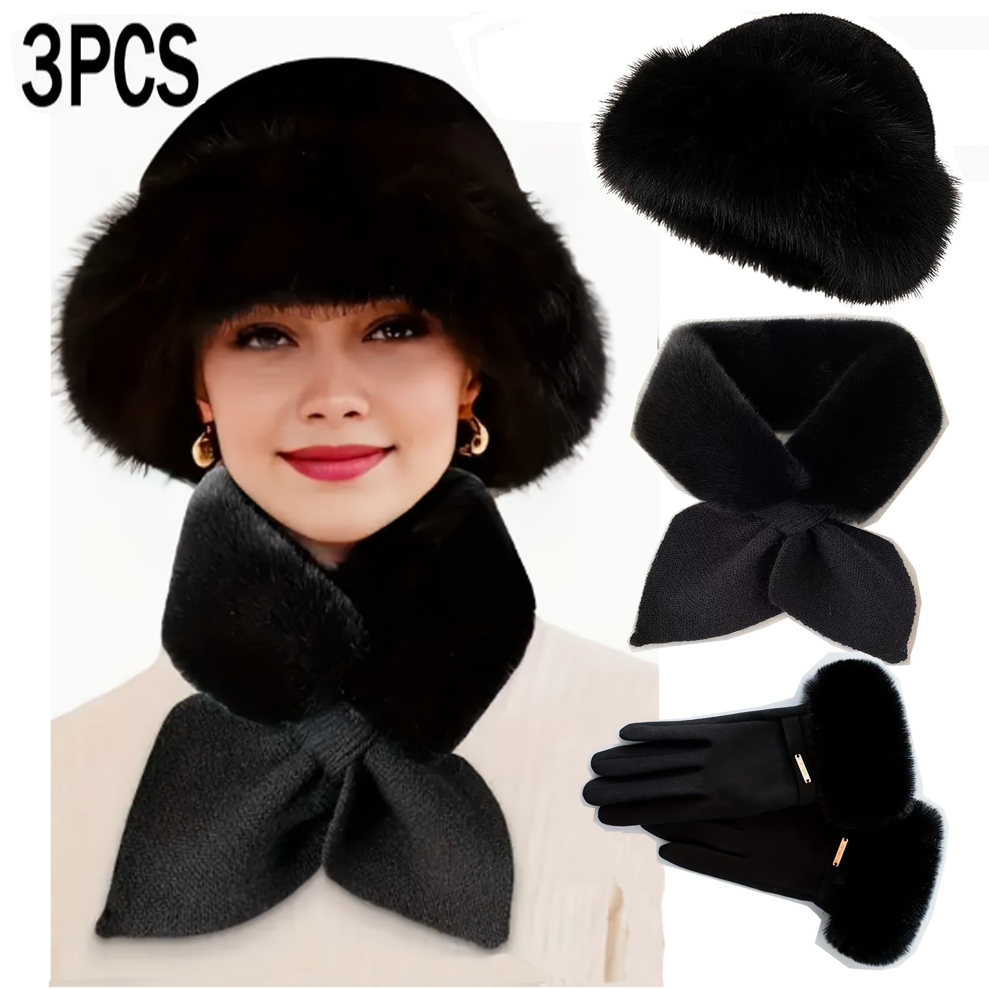 TEMU 3pcs Soft Winter Warm Set, Warm Comfortable Furry Hat, Gloves Scarf Hat Set, Windproof Thick, Suitable For Outdoor Activities, Perfect For Christmas, Autumn And Winter Birthday Gifts