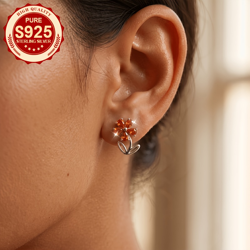 Women's S925 Silver Flower Earrings with Synthetic Zirconia Inlay