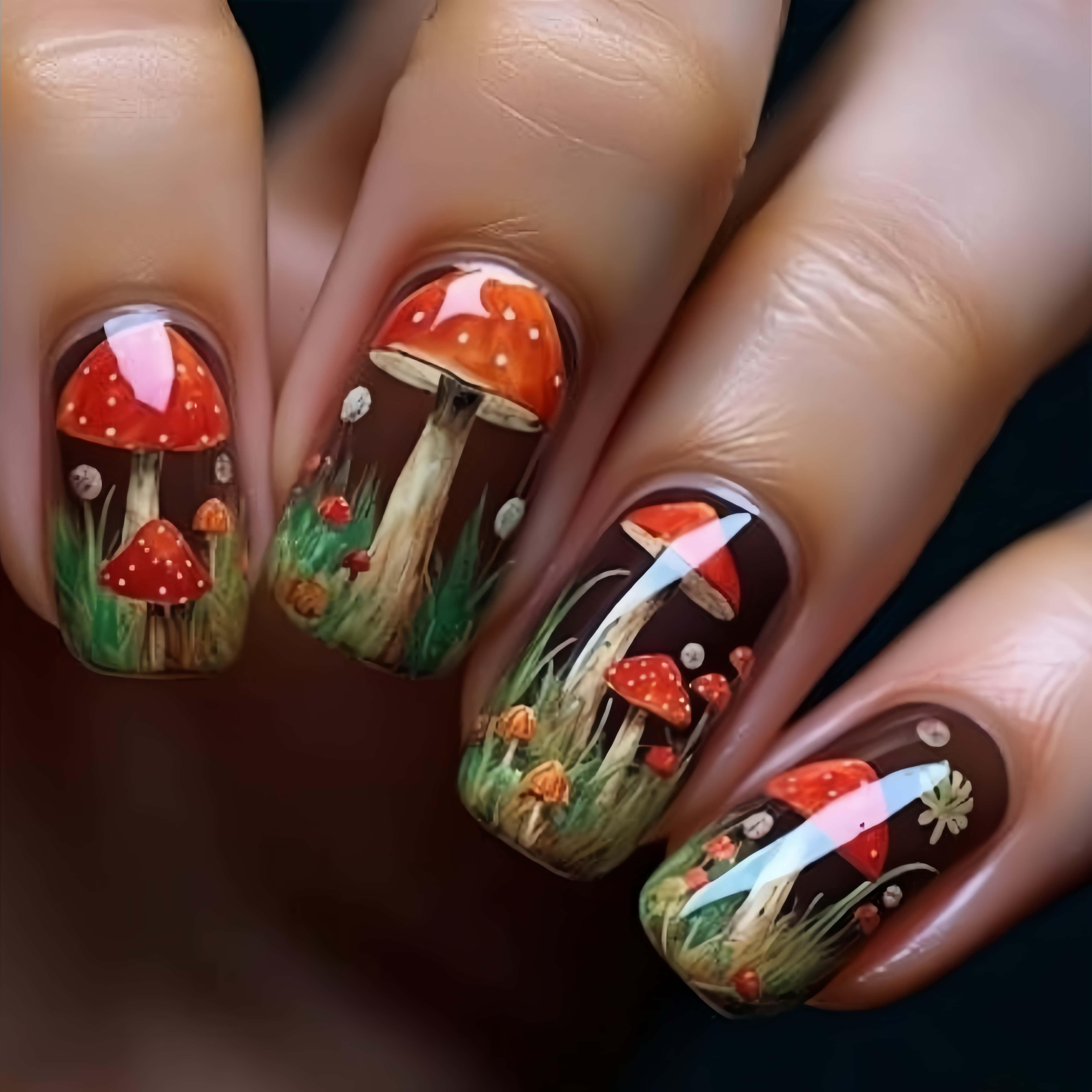 Mid-length European Square Nail Stickers, New Style Nail Stickers, Red Mushroom Pattern Spring Summer Nail Stickers Removable False Nails, Nail Stickers, Press-on Nails
