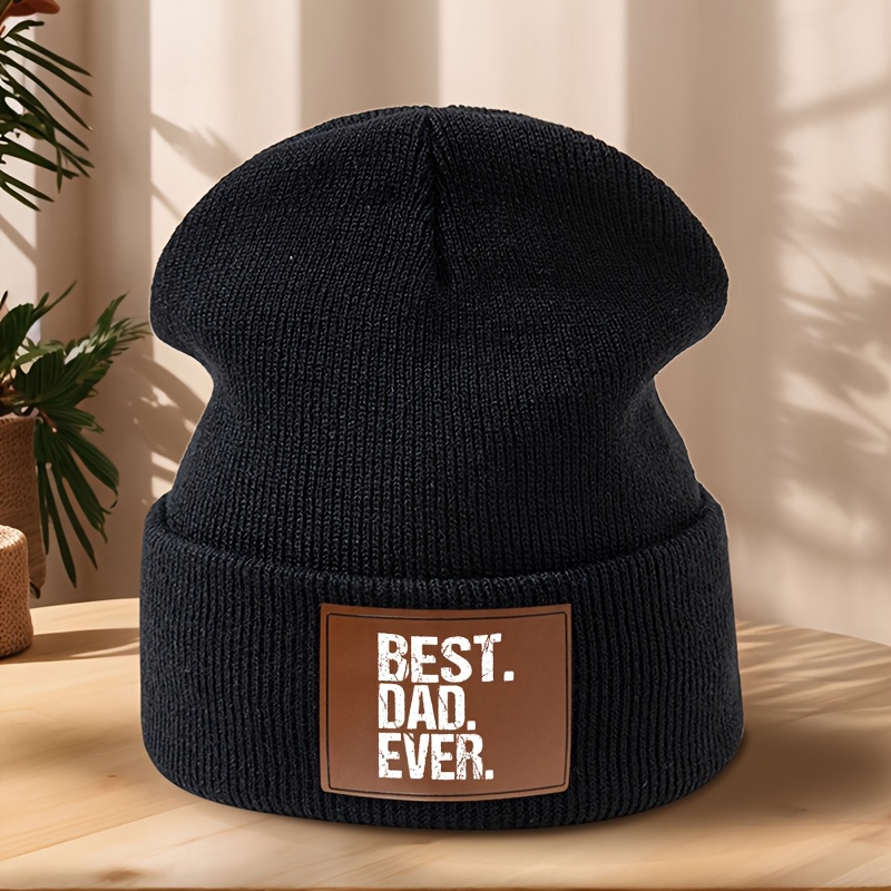 TEMU Faux Leather "best Dad Ever" Print Brimless Beanie, Soft, Comfortable, And Warm Knitted Hat For Autumn/winter, Outdoor Casual Sports, Running,
