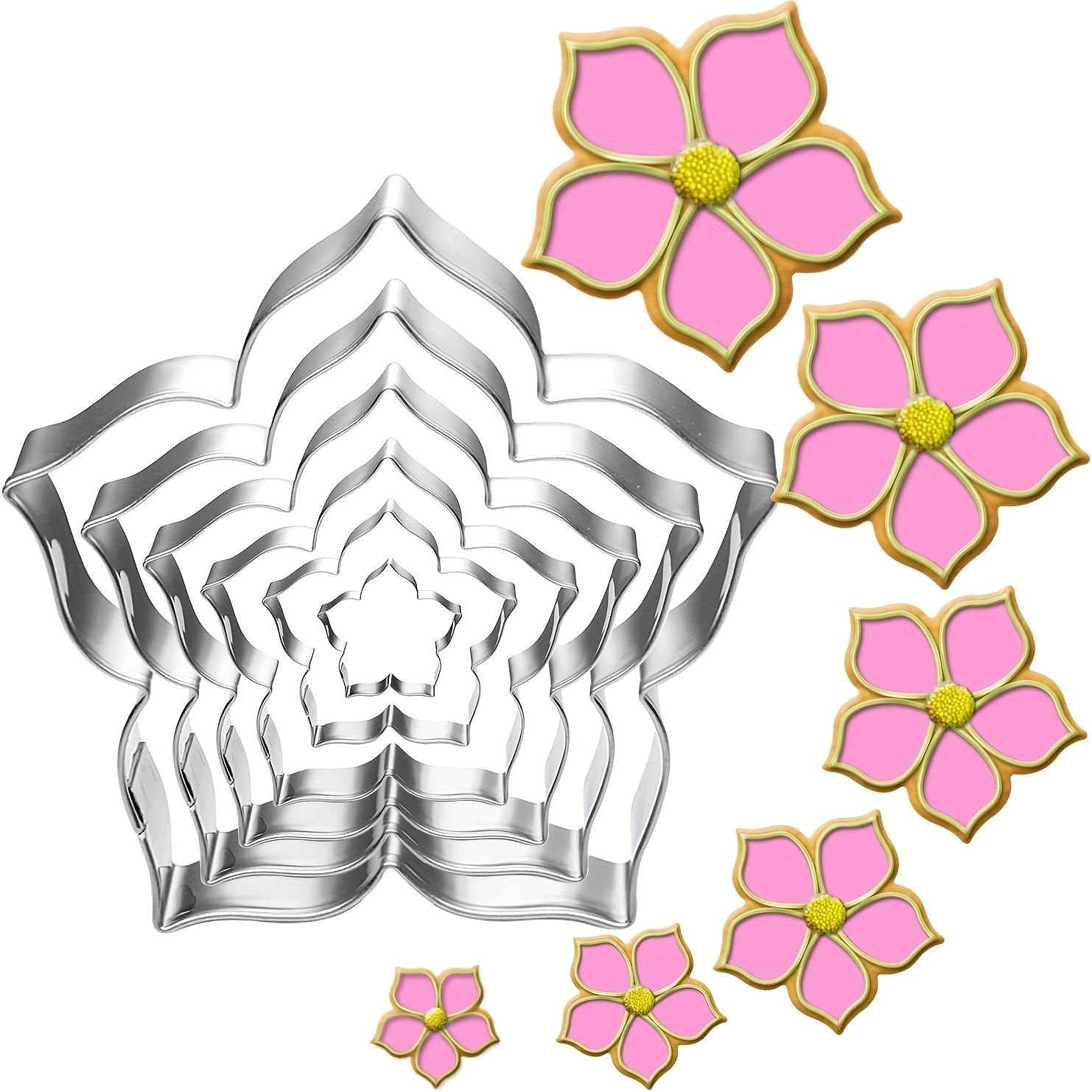 Image of 6pcs Stainless Steel Flower Cookie Cutter Set With 4.25", 3.5", 3.0", 2.5", 1.7", 0.95" Sizes - Elegant For Cake & Cupcake Decor, Perfect For Baking