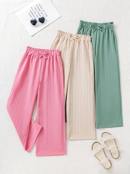 3pcs girls elegant ribbed wide leg pants elastic waistband loose fit solid color beige machine washable for spring summer fall casual daily wear outdoor