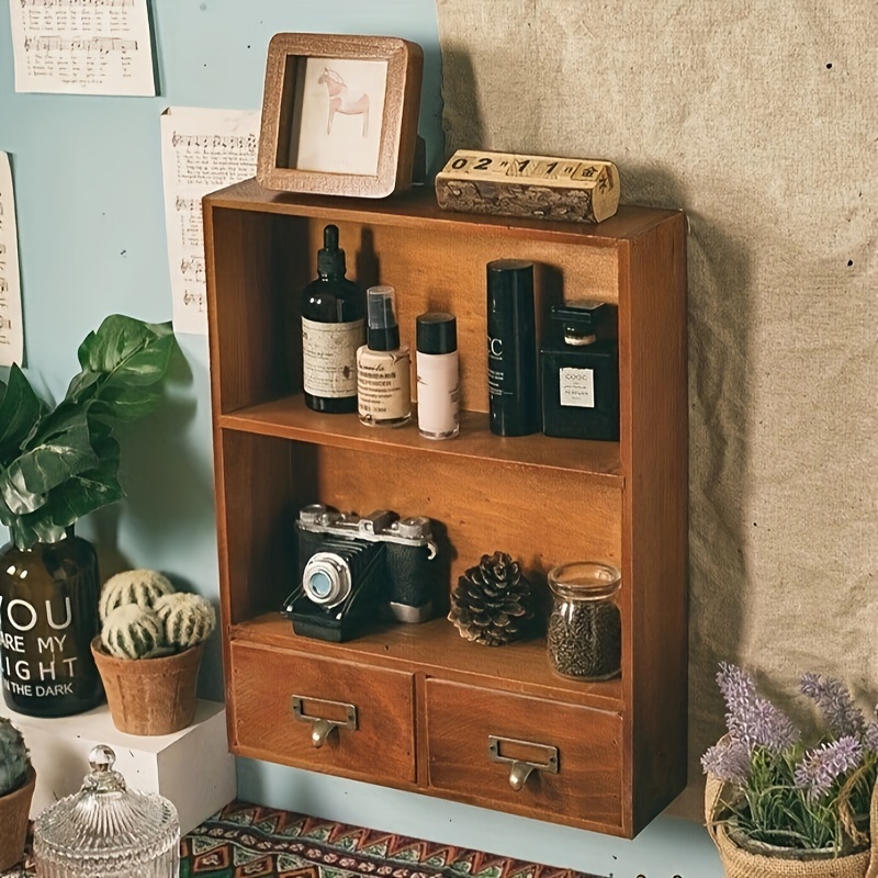 1pc vintage wooden wall mounted cupboard with 2 drawers rustic wooden shelf storage cabinet for     27 height 3 2 cu ft capacity no   desktop storage vintage wall mount wooden construction shelf decor storage drawer units