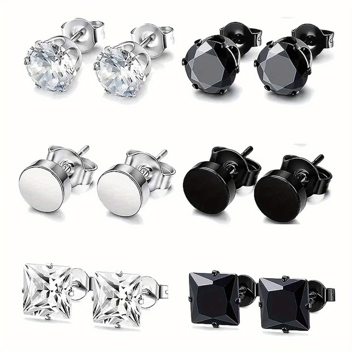 TEMU 6 Pairs Of Stainless Steel Unisex Everyday Versatile Minimalist Stud Earrings 6mm Cubic Synthetic Synthetic Zircon Stud Earring Set, Without
