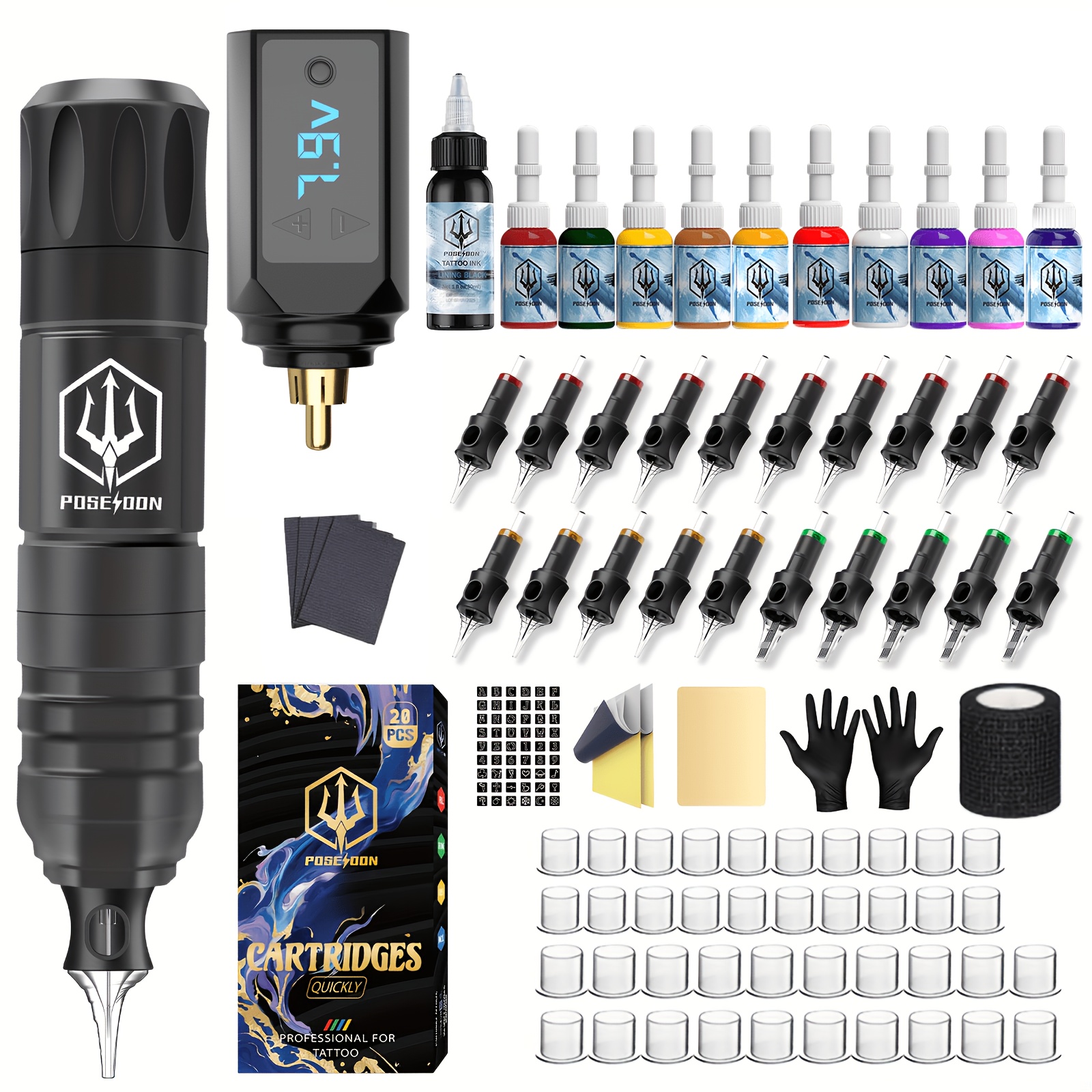poseidon complete wireless tattoo machine kit with 1200mah long lasting battery 20 cartridge needles and accessories perfect gift for   beginners tattoo machine kit complete