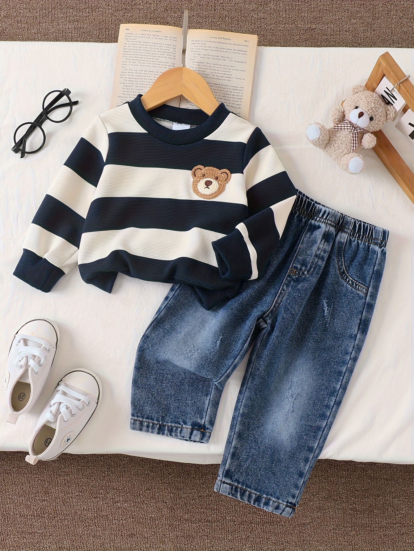 2pcs denim set with striped long sleeves cute 3d bear patch for adorable charm warm and comfortable soft light beige friendly fabric elastic waistband for easy on off   outdoor Product details 15