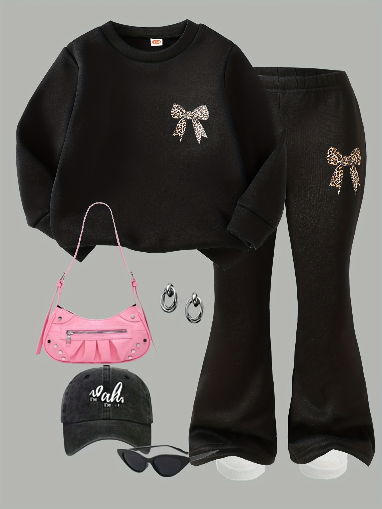 girls autumn winter casual leopard print bow embroidery long sleeve hoodie flared pants set   outdoor wear in fall and winter comfortable fabric ideal gift   for   for outdoor Product details 12