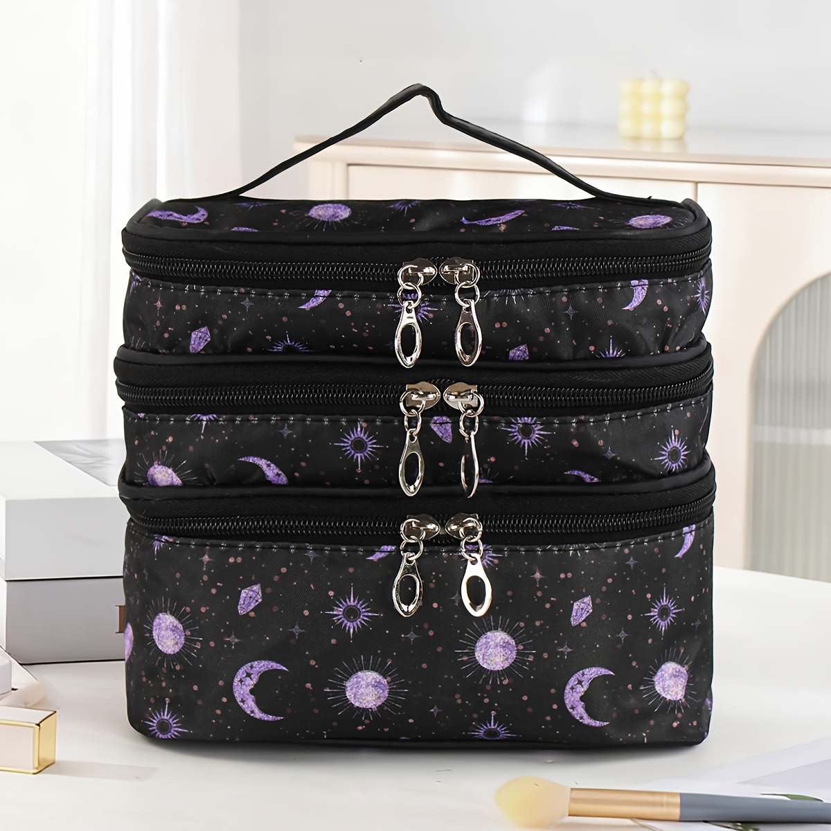 TEMU Large Capacity 3-layer Printed Makeup Bag Portable Cosmetic Bag For Perfect Gift