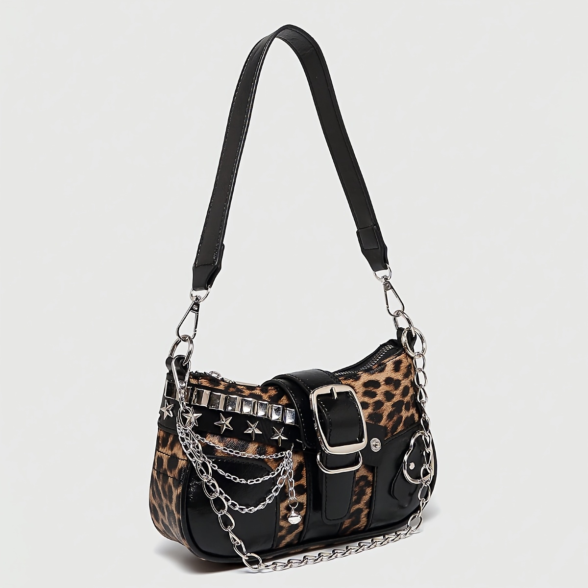 TEMU 1pc Y2k-inspired Red & Leopard Print Shoulder Bag With Chain Strap, Magnetic Closure, And Star Accents - Trendy Single-strap Crossbody Bag For