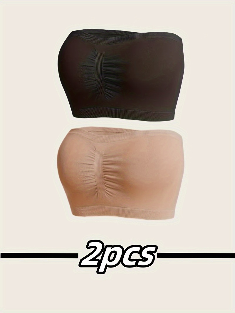 2pcs Strapless Seamless Breathable Solid Color Comfortable Versatile Simple Sexy Plus Size Women's Anti-Slip Ruched Bra Top Wardrobe Essential Set