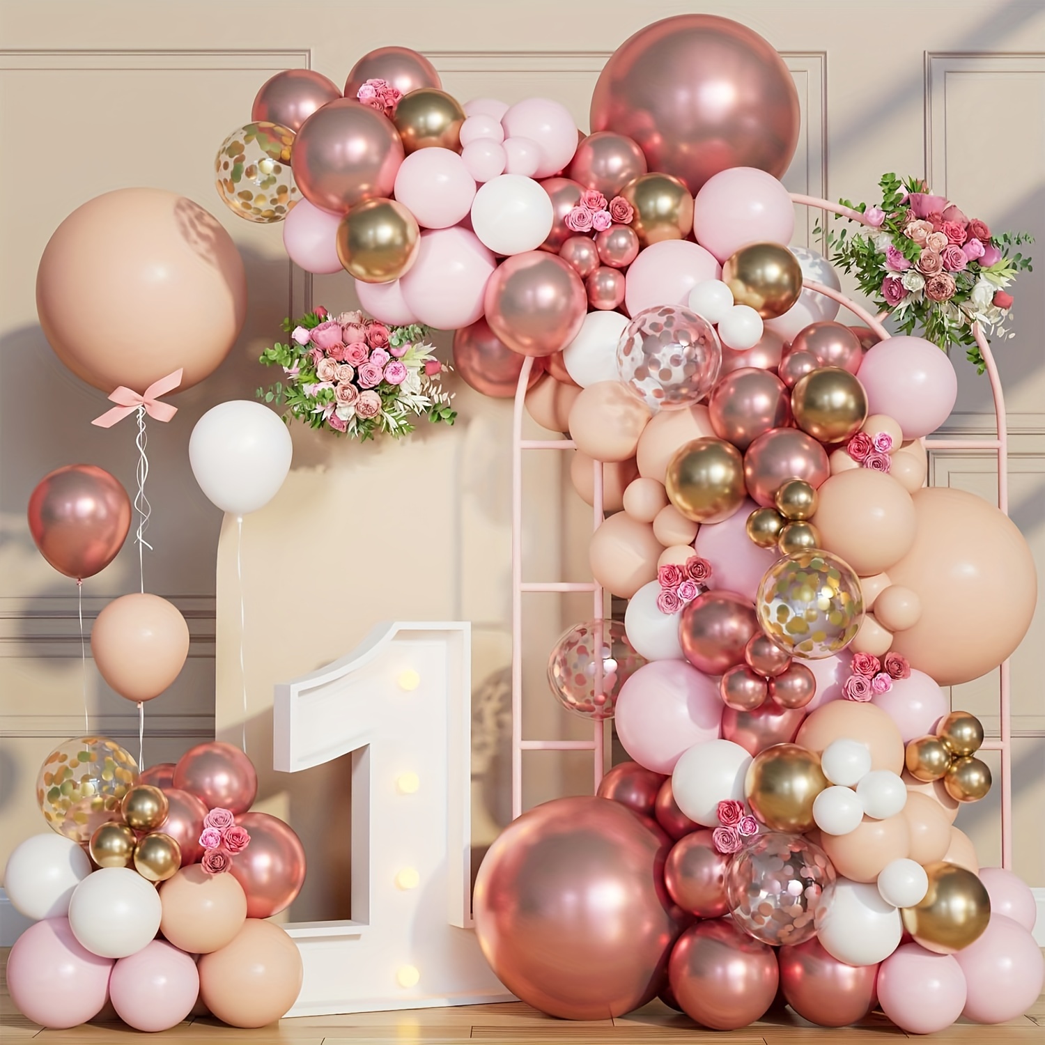 

110-piece Rose Balloon Garland Arch Kit - Ideal For Weddings, Anniversaries, Valentine's Day & More - Features Nude, Pastel Pink, Metallic Shine, Matte White & Multicolor Balloons.