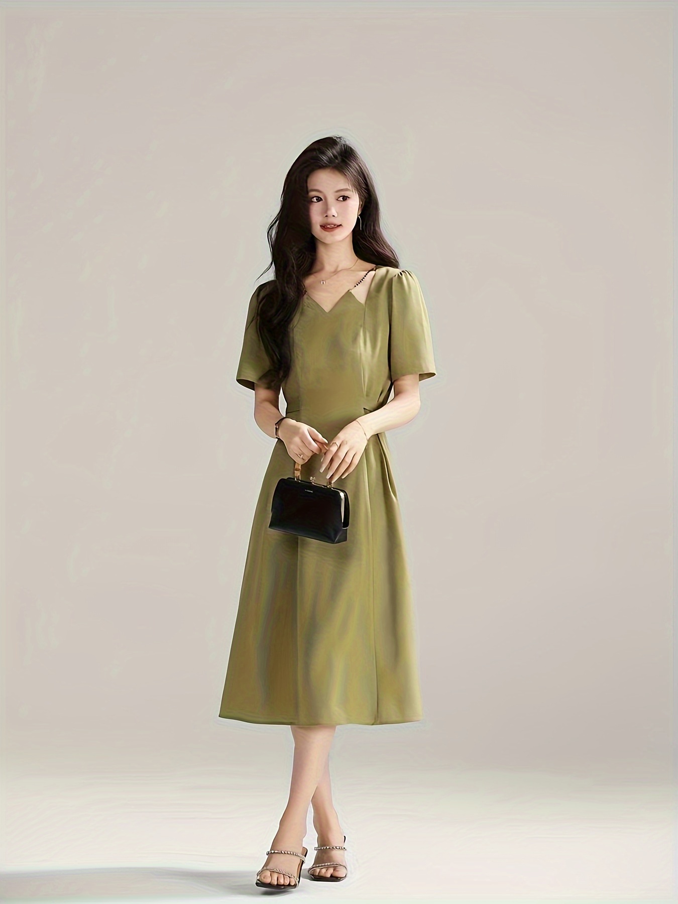 1pc womens v neck a line dress solid color polyester midi - Temu Saudi  Arabia