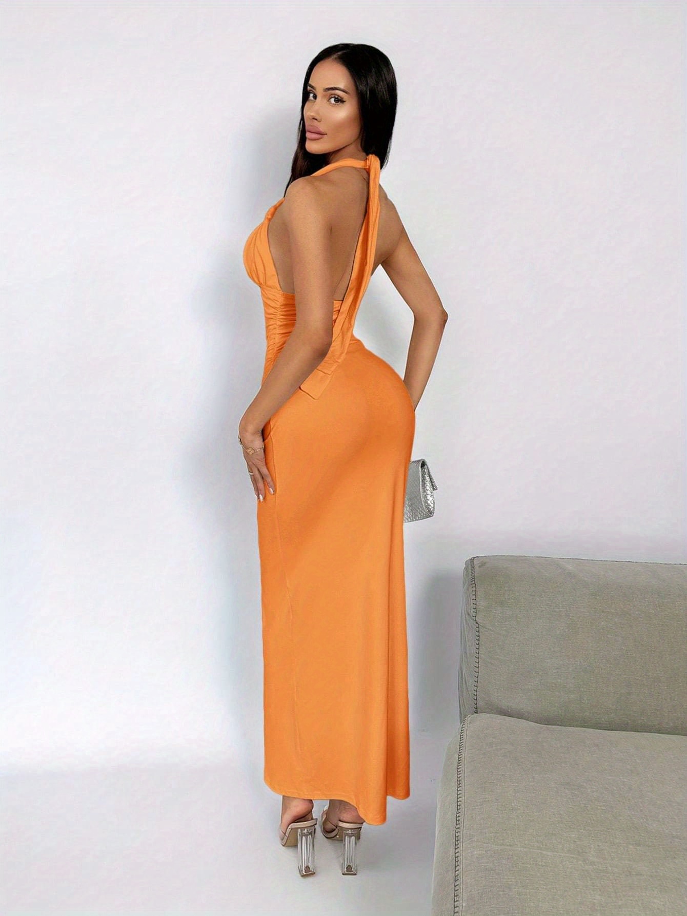 womens elegant halter neck backless maxi dress knot detail - Temu Mauritius