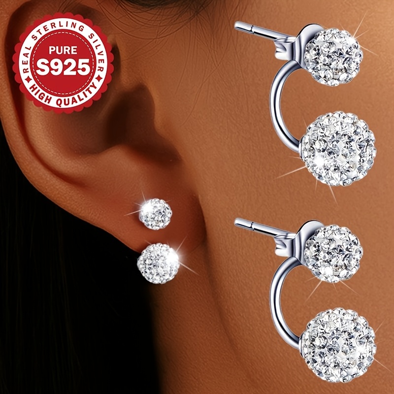 Image of 1 Pair Of Women's Earrings, S925 Sterling Silvery Shambala Spiral Studs, Sparkling Double Ball Dangle Earrings For Parties And Weddings, Hypoallergenic