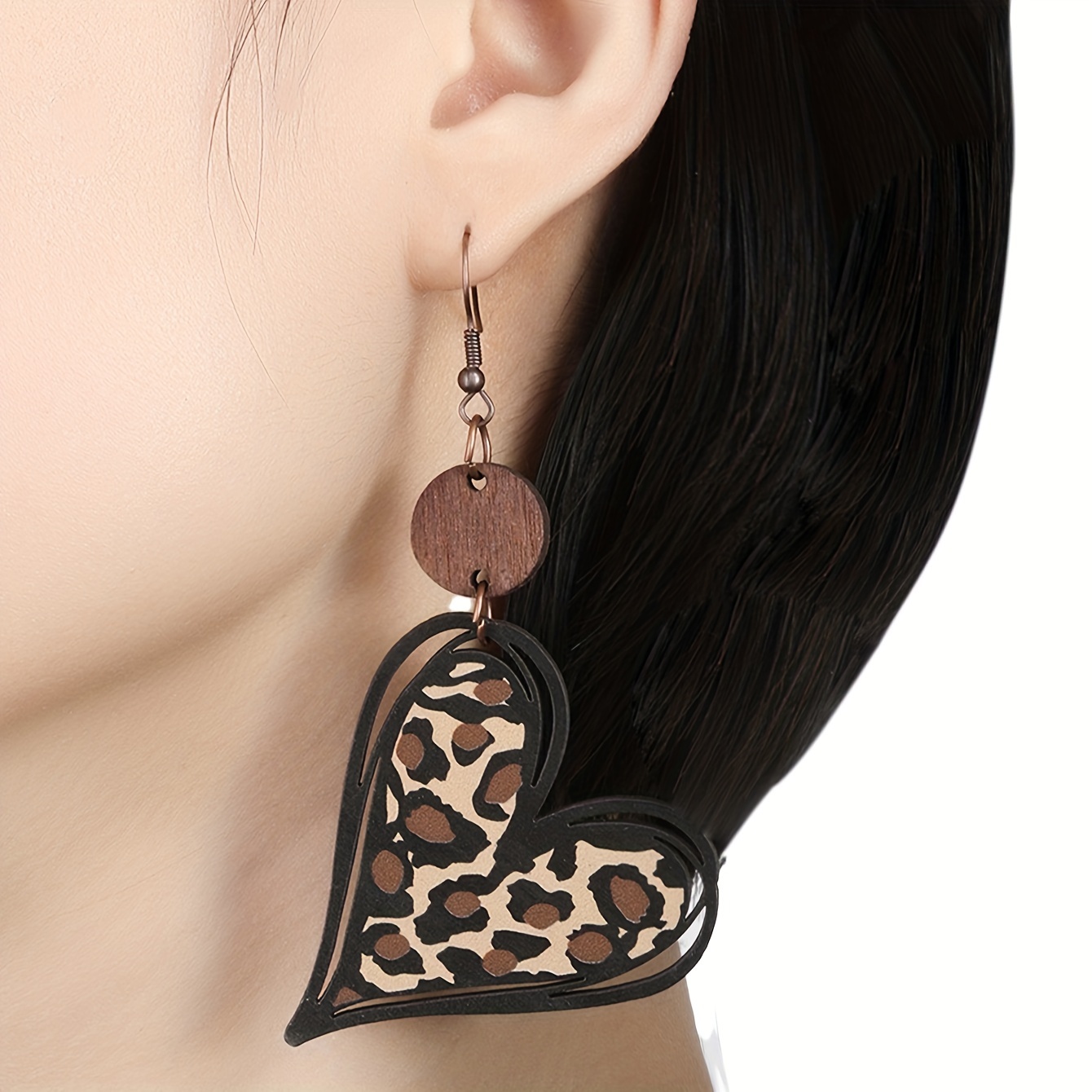 1 Pair Casual Retro Hong Style Leopard Print Heart Pendant Earrings, Suitable For Women Valentine's Day Gift Accessory Jewelry