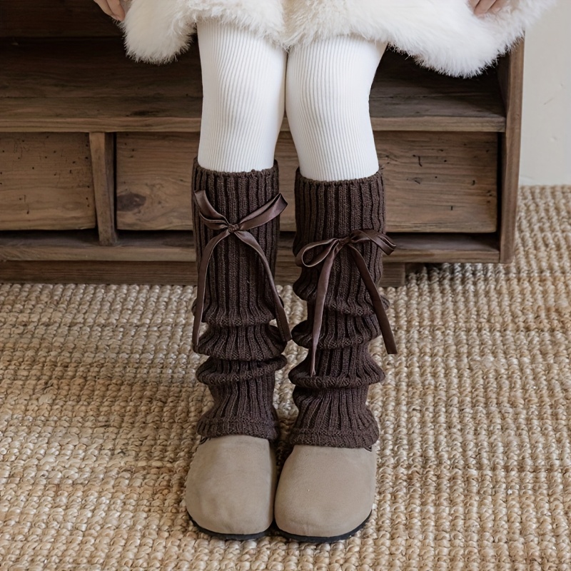 1 Pair Of Sock Covers, Bowknot Sock Covers, Solid Winter Knitted Leg Sleeves, For Teenager