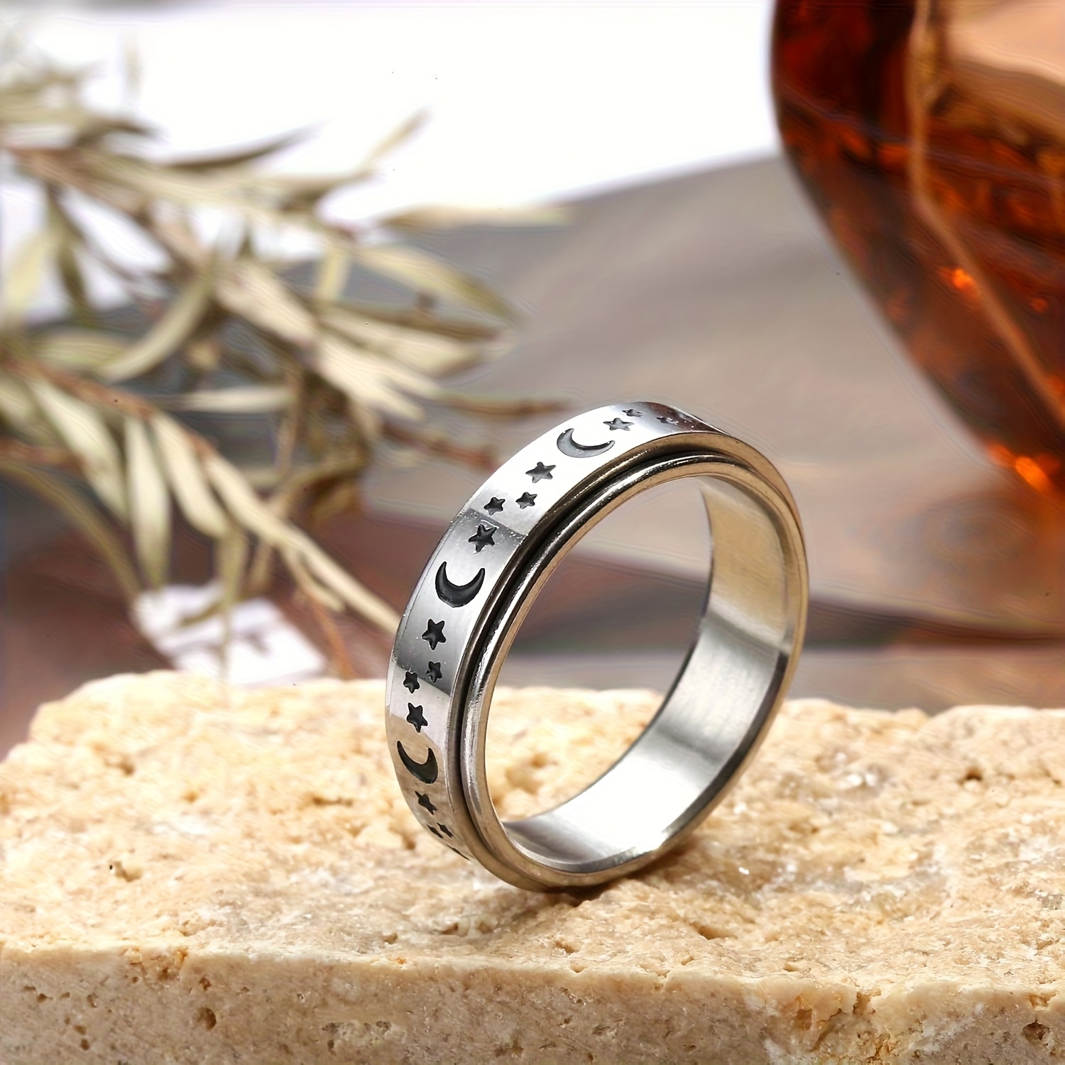 9pcs fidget rings for anxiety 316l stainless steel spinner ring anti anxiety ring spinning moon star flower bead stress relieveing rings for men for teenager Product details 1