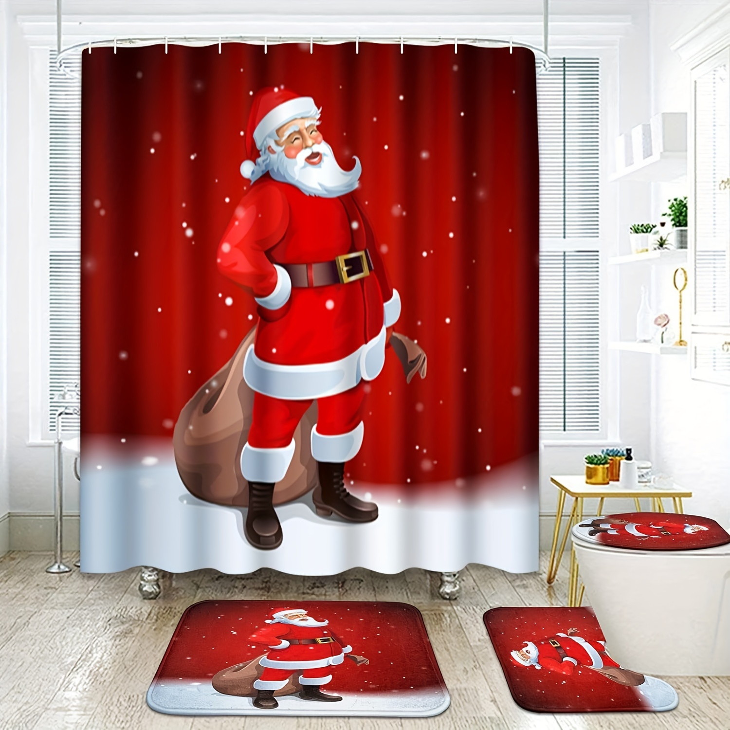 

4 Piece Shower Curtain Sets, Santa Claus Christmas Tree Cartoon With Non-slip Rugs, Toilet Lid Cover And Bath Mat, For Bathroom Decor Set, 72" X 72