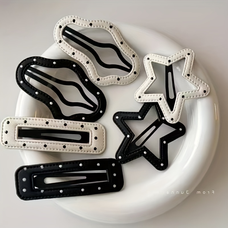 TEMU Black And White Polka Dot Pu Leather Star Hair Clip - Stylish, Versatile Side Bangs Barrette With , New Arrival Hair Accessory