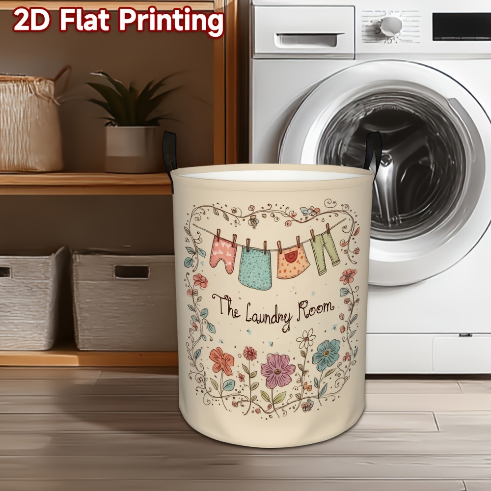 TEMU 1pc Laundry Basket With Cute Floral & Clothespin Design - High-capacity Foldable Hamper, Durable Polyester Fabric Storage Bin With Sturdy Handle For Bedroom, Bathroom, Dorm Organization (beige)