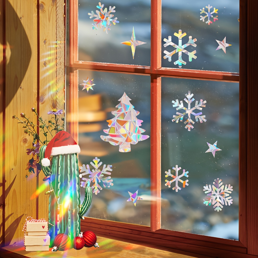 1 set   rainbow prism suncatcher window clings reusable static   pvc glass stickers 5mil thick glossy finish christmas festive bird snowflake decals for holiday decor details 11