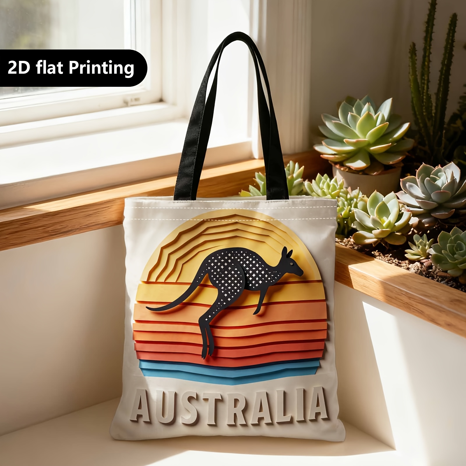 TEMU 1pc Double-sided Printing Shopping Tote Bags, Portable Shoulder And Back Handbags, Kangaroo Patterns, Colorful Sunset Australian Style, Suitable