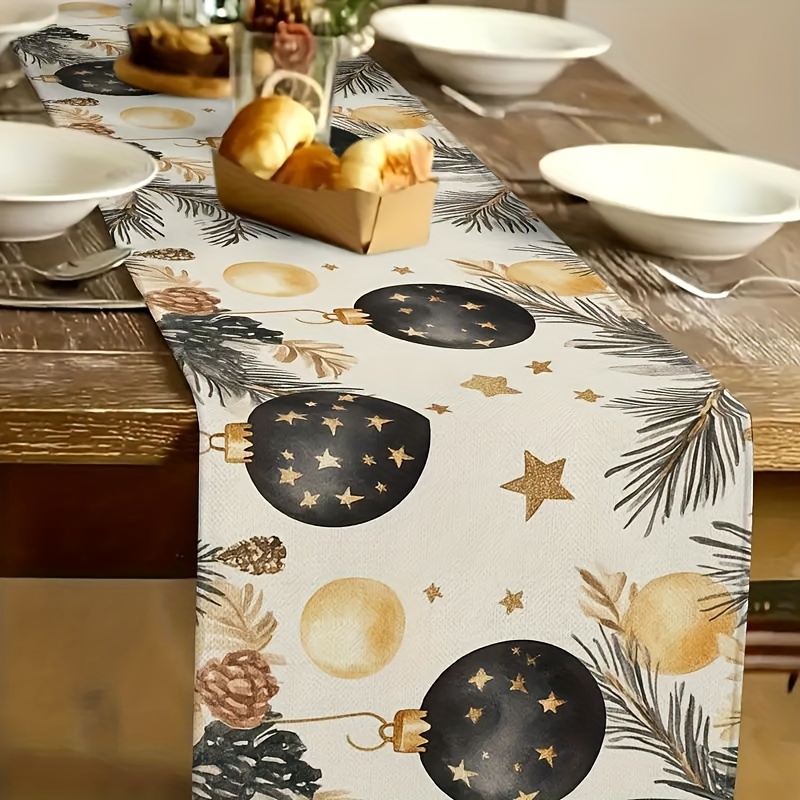 

Christmas Table Runner With Ornament And Pine Branch Design - 100% Polyester Rectangular Table Runner For Holiday Dining And Home Party Decor, Woven - Fade Resistant And Machine Washable