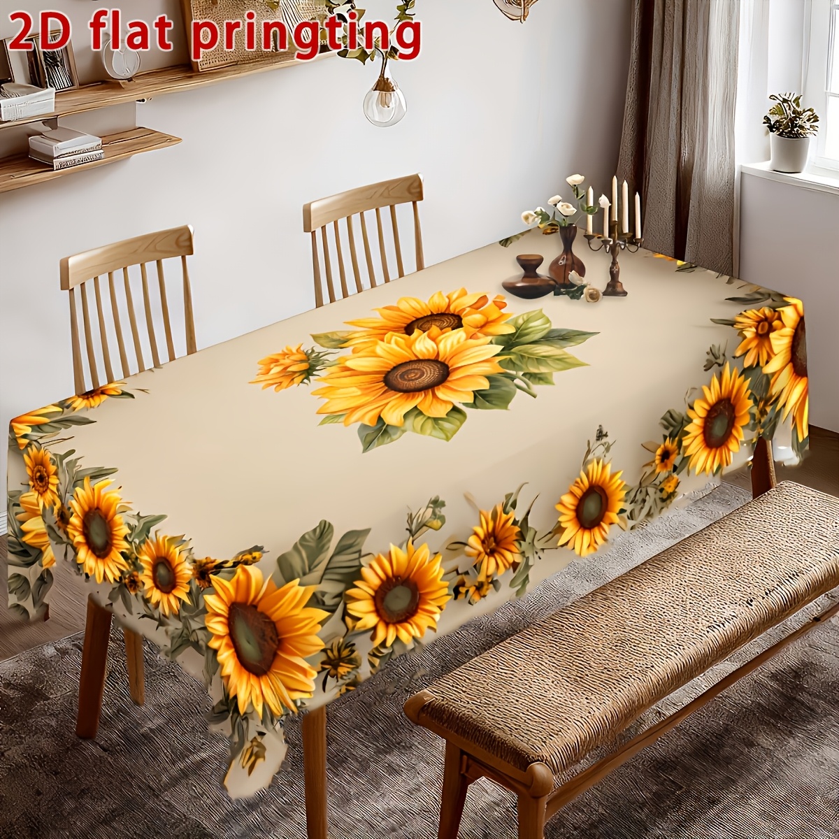 TEMU 1pc Tablecloth 2d Flat Printing Spring Summer Sunflower Printed Tablecloth Bright Festive And Green Leaves Party Patio Indoor Outdoor Decor For