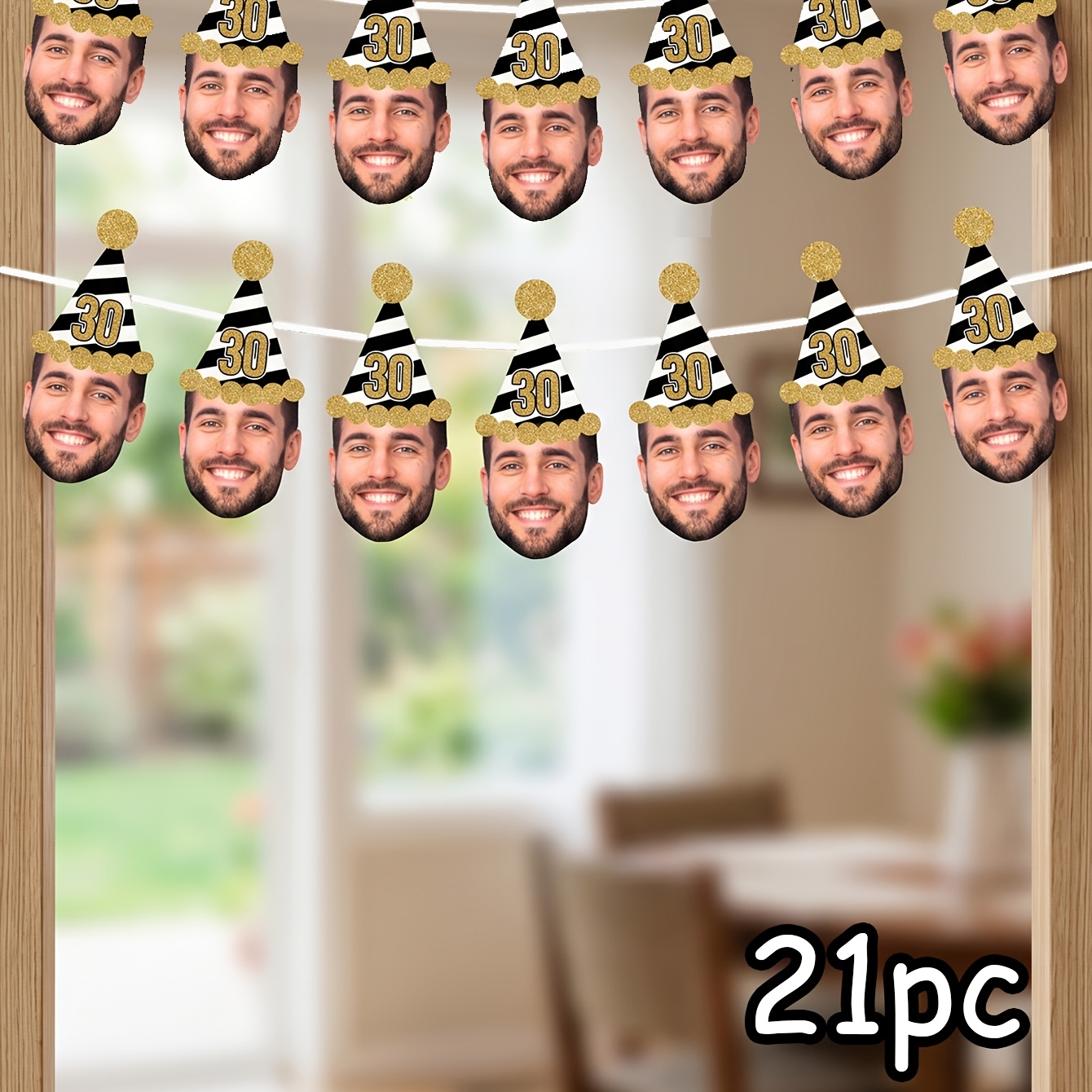 TEMU 7/14/21pcs Custom Photo Face Banner, Personalized Birthday Party Decoration With Text And Age, Black And Golden Themed Photo Banner, Fun Pennant
