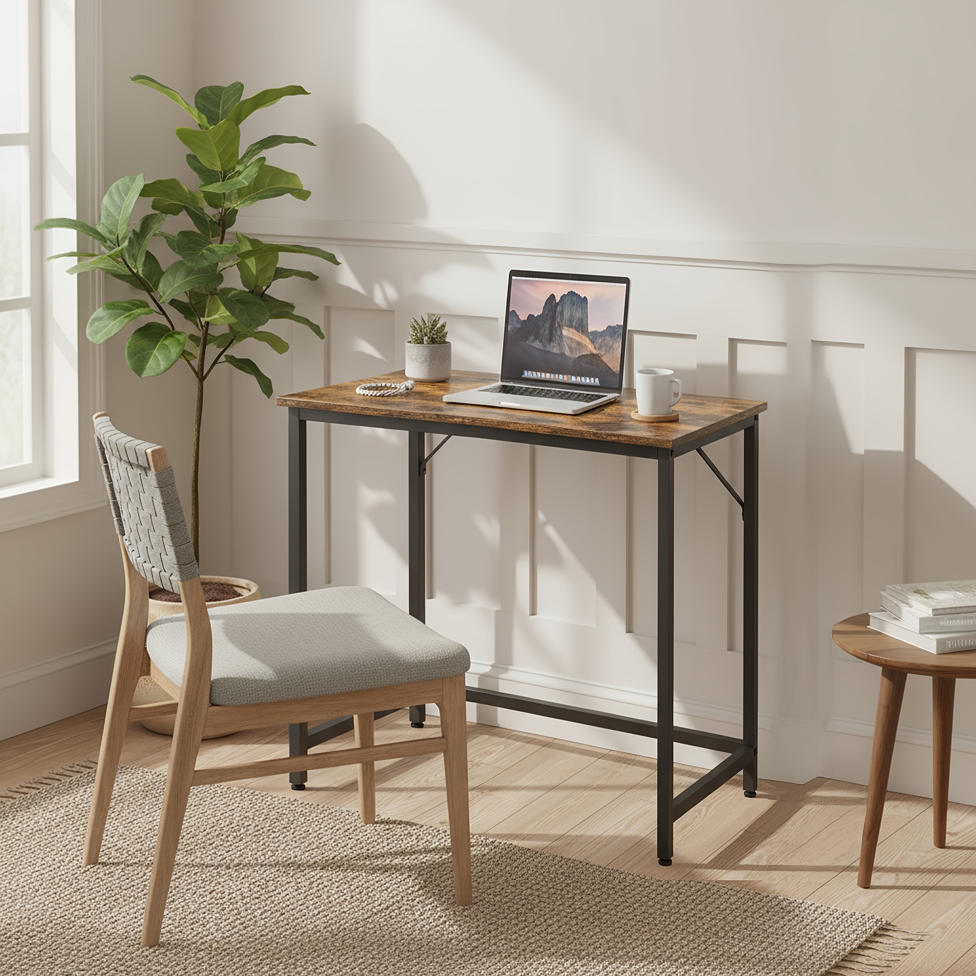 Compact Computer Desk Suitable For An Office Or Study, Featuring A Metal Frame In A Brown-black Color