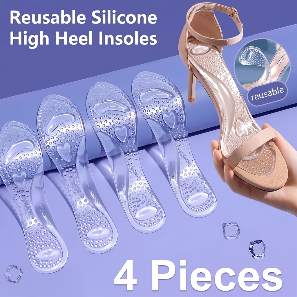 TEMU 4pcs Reusable Silicone High Heel Insoles, Self-adhesive Non-slip Shoe Pads, Clear Cushion For Women's Sandals & Heels