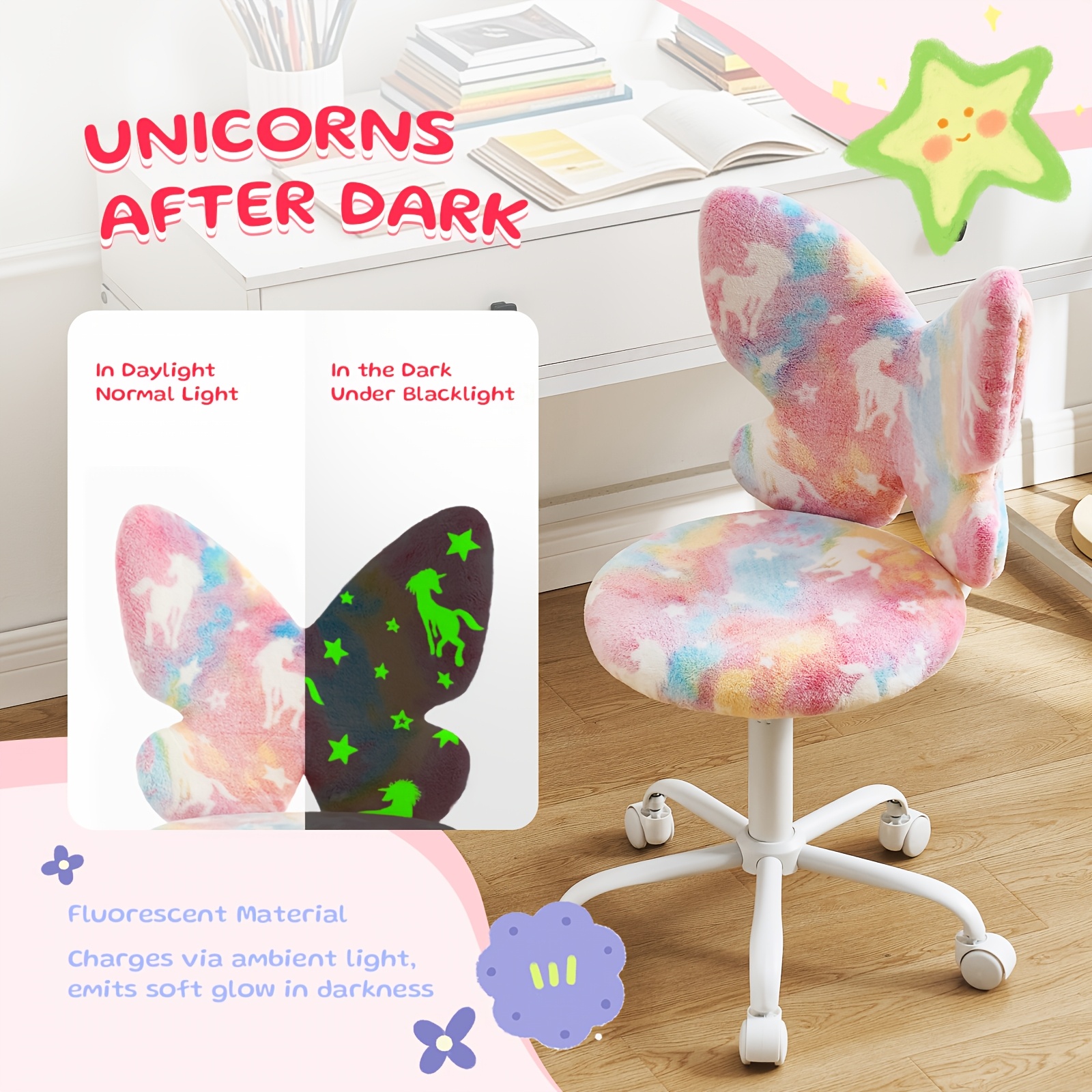 Girls Desk Chair - Comfy Swivel Kids Desk Chair for Girls Room, Fluffy Butterfly Kids Office Chair for Reading & Vanity