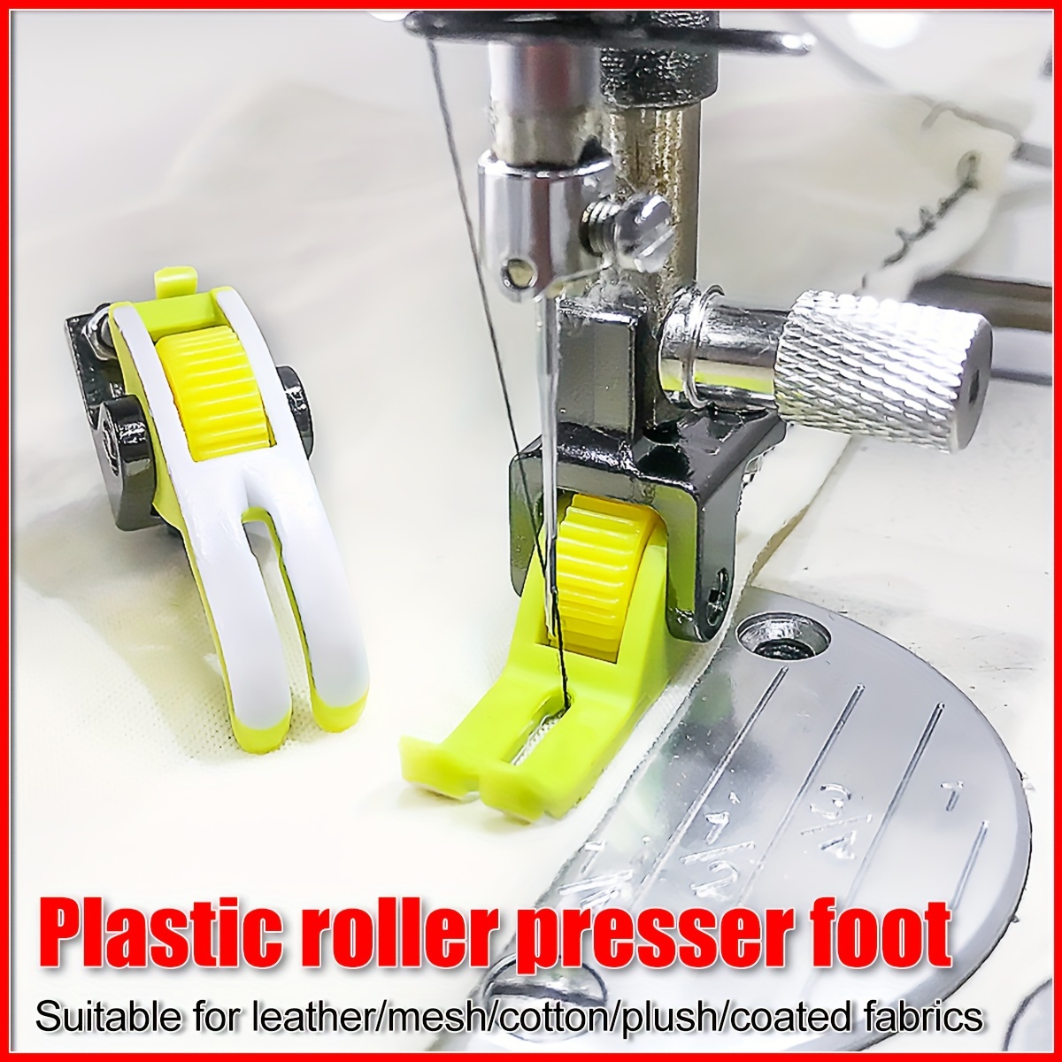 

Yellow Roller Presser Foot For Sewing Machine - Universal Snap- For Leather, Mesh, Cotton, Plush, Coated Fabrics - Upgraded Wide Slot Roller Foot For Stitching