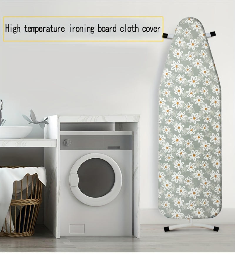   extra large floral ironing board cover 55 x20 fit with drawstring tightening thick felt padding   resistant light green with white flowers and yellow   details 0