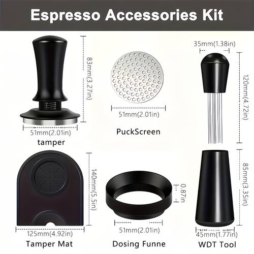 juego de herramientas para espresso de 51 mm/53 mm/58 mm | distribuidor, herramienta de apisonamiento, aguja wdt, anillo para de golpes y filtro - herramienta de barista calibrada para máquinas de espresso, uso profesional y doméstico, diseño de mango elegante, construcción