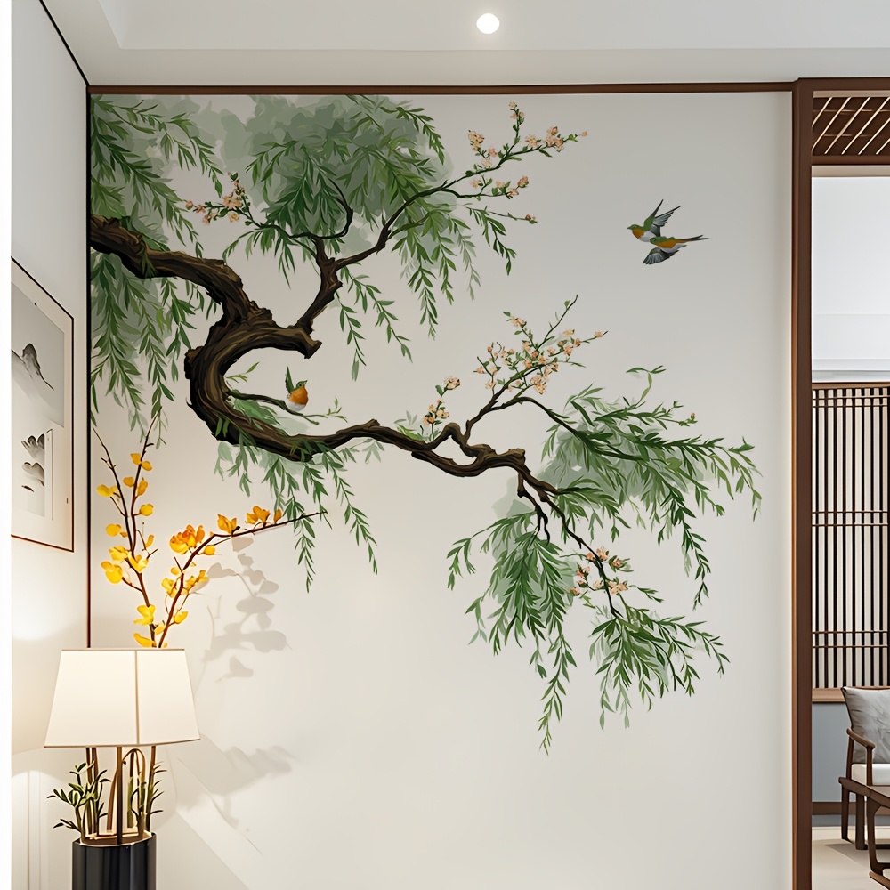 Image of Spring And Summer And Wall Sticker - Traditional Chinese Style Decorative Bedroom Sticker, Self-adhesive Removable Pvc Material Living Room Wall Decoration, Home Decor