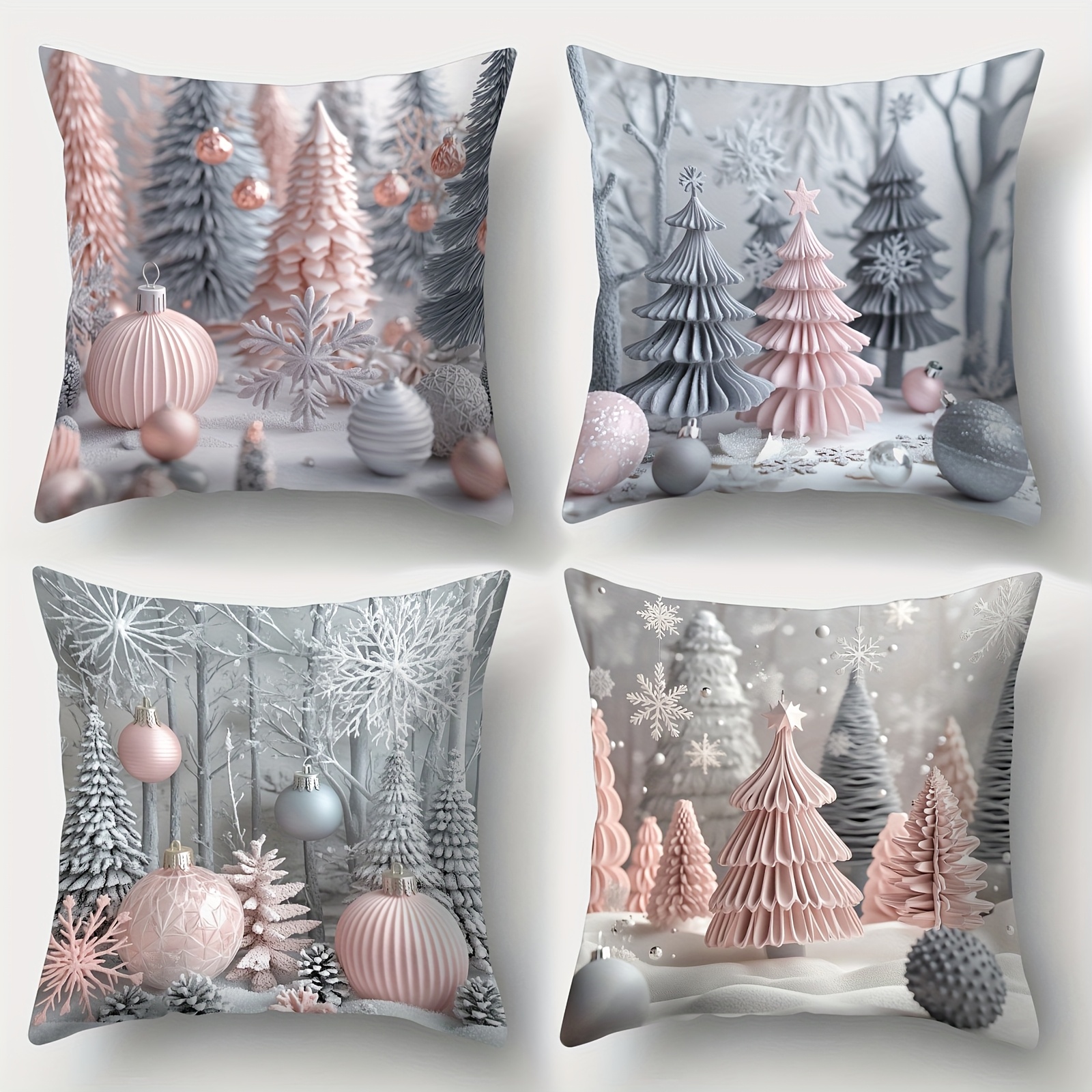 TEMU 4pcs Set Of Pink And Grey Christmas Decorative Pillow Covers, Christmas Tree Cushion Cases For Holiday Decoration, Party Decor, Home Decor,