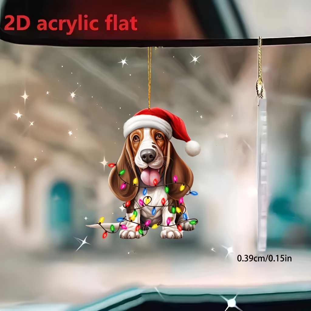 

1pc Acrylic Basset Hound Hanging Ornament - Festive Pendant For Home, Christmas Tree, Bag & Keychain Accessory, Santa Hat Design