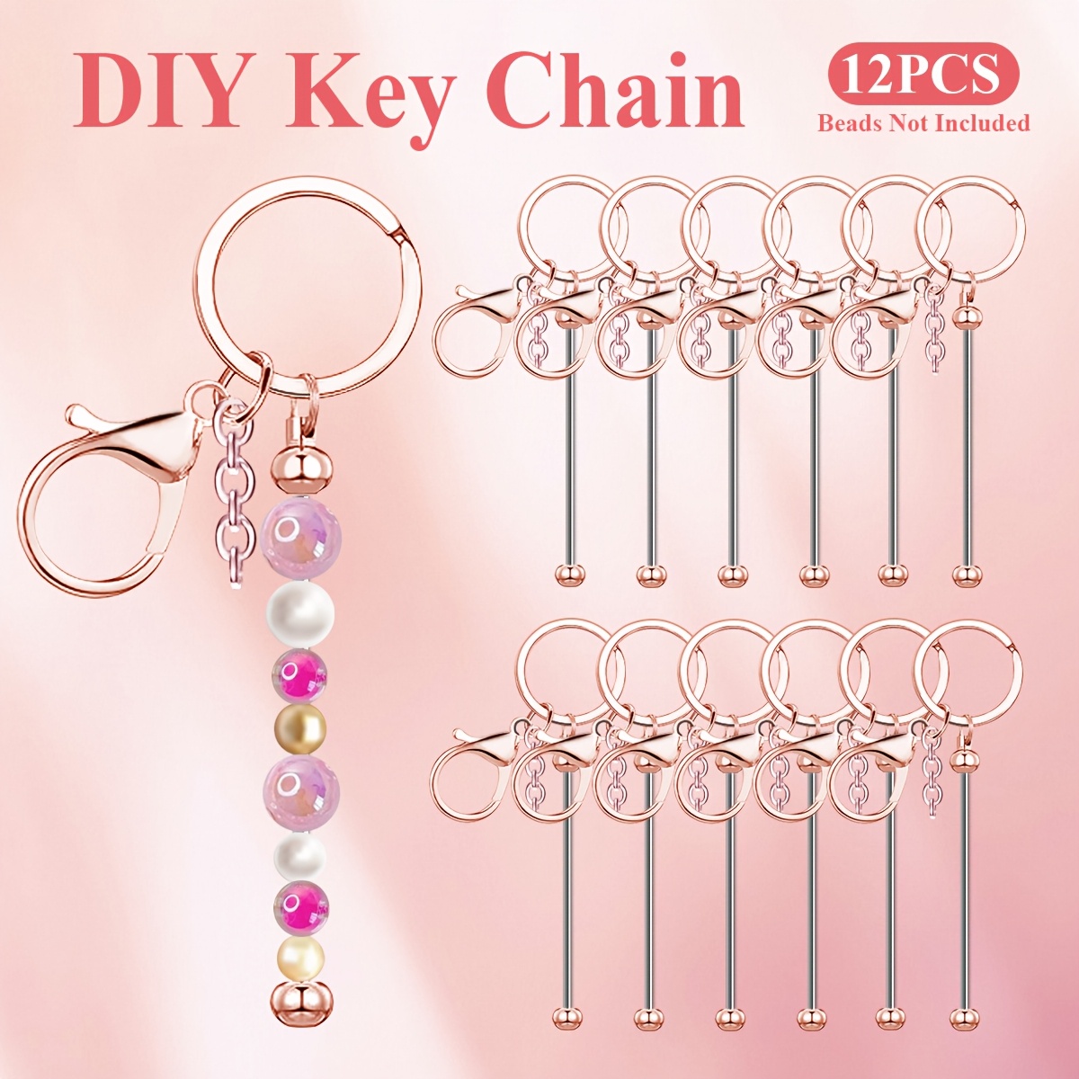 12pcs Stainless Steel Beadable Keychain Blanks Kit with Rose Gold and Silver Charms for Crafting