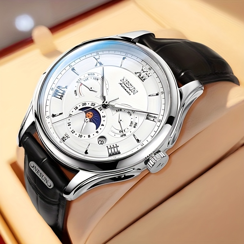 Men's Multifunctional Stainless Steel Mechanical Watch with Leather Strap