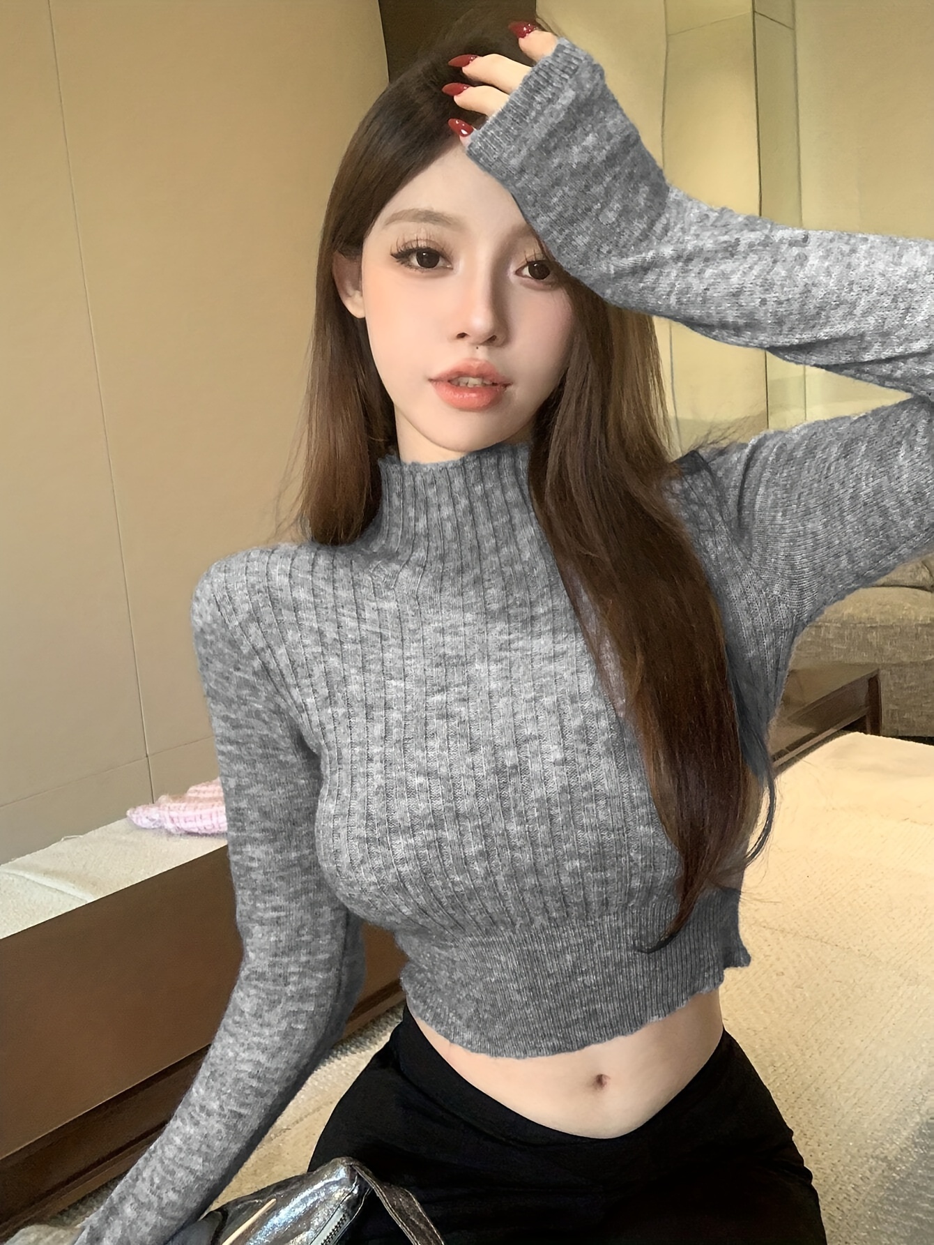 Cardigan Korean High Neck Top Women's Japanese Korean Style Ribbed