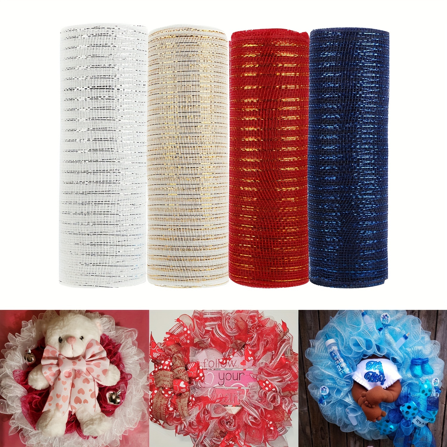 

10 Yards/1 Roll, Colorful Diy Craft Holiday Day Christmas Tree Decorative Poly Deco 26cm Mesh Wire Ribbon Rolls For Wreath Garland
