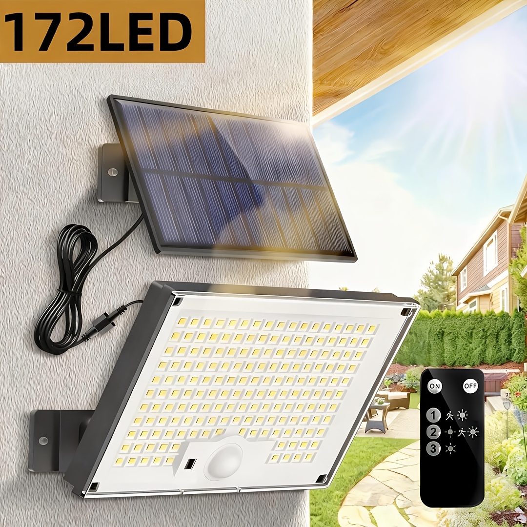 solarne lampe za vanjsku upotrebu, sa 172 led diode, tri načina   i senzorom pokreta. ove lampe dolaze sa daljinskim upravljačem i kablom od 16.4ft, što ih čini idealnim za osvjetljenje vašeg dvorišta, trijema, vrta ili garaže sa podesivom svjetlinom. Detalji o proizvodu 0
