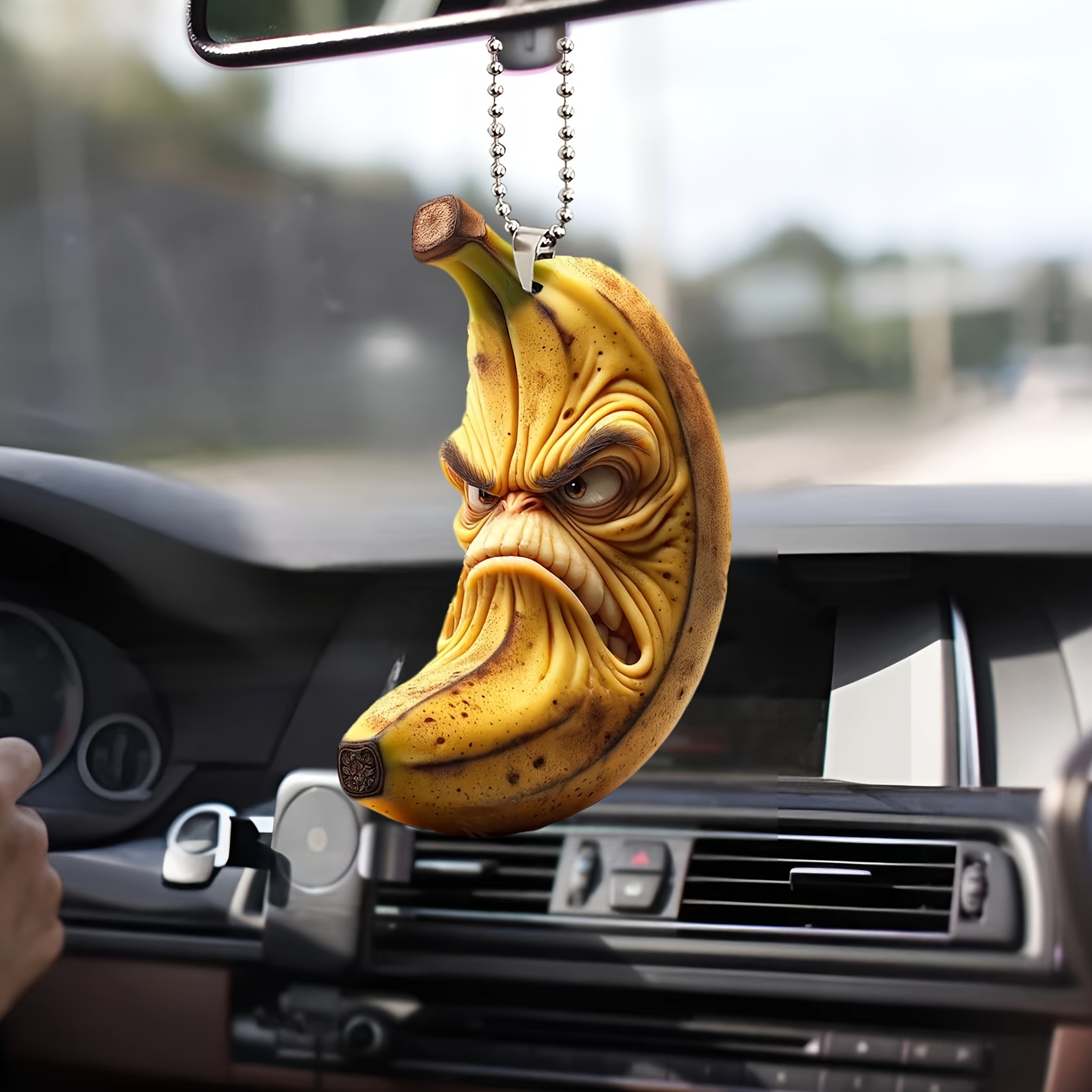 

Angry Banana Expression Acrylic Hanging Car Ornament - 2d Flat Design Rear View Mirror Charm Accessory For Vehicle Interior Decor