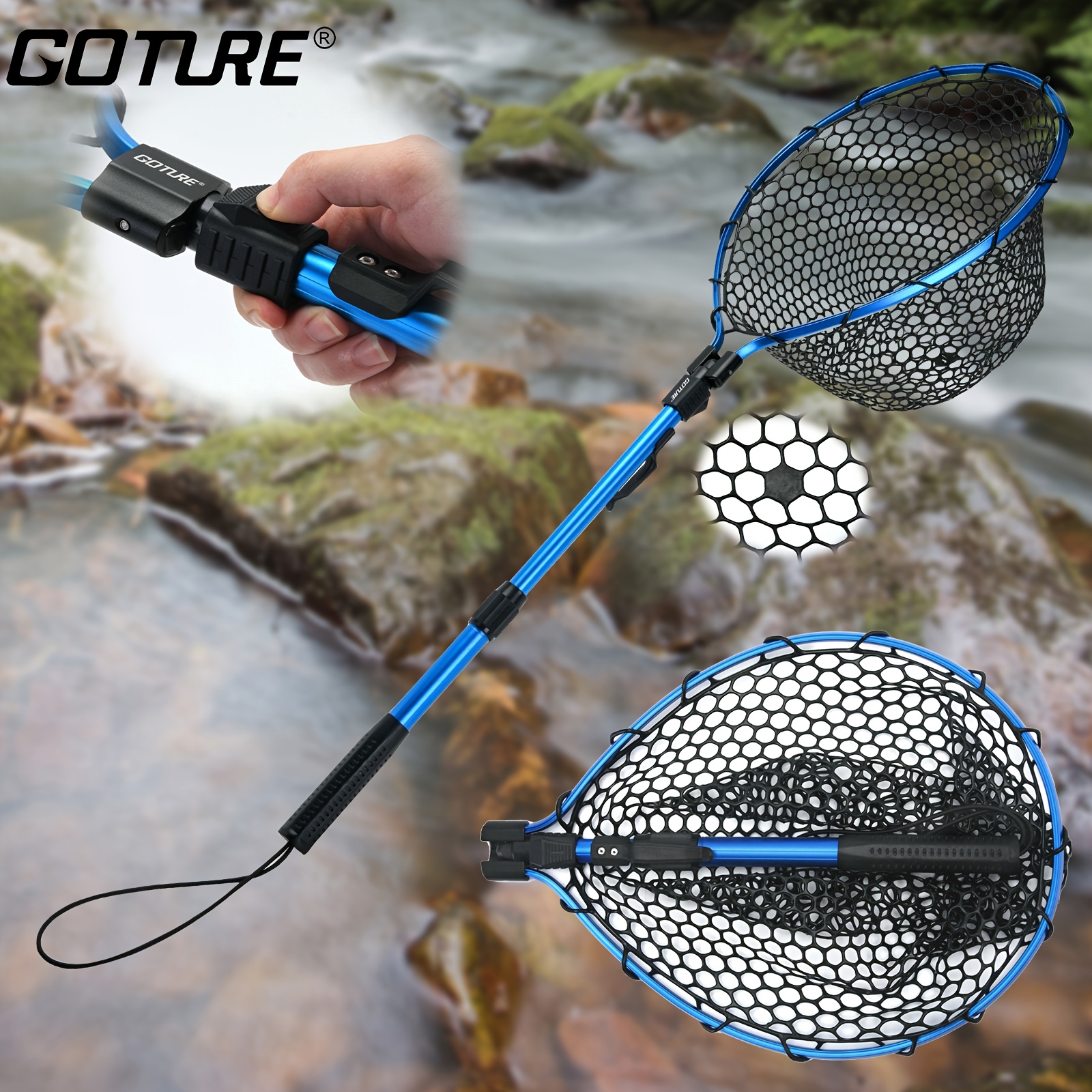 * 1pc * Collapsible Telescopic Pole Blue Rubber Net Folding Extend Landing  Net for *