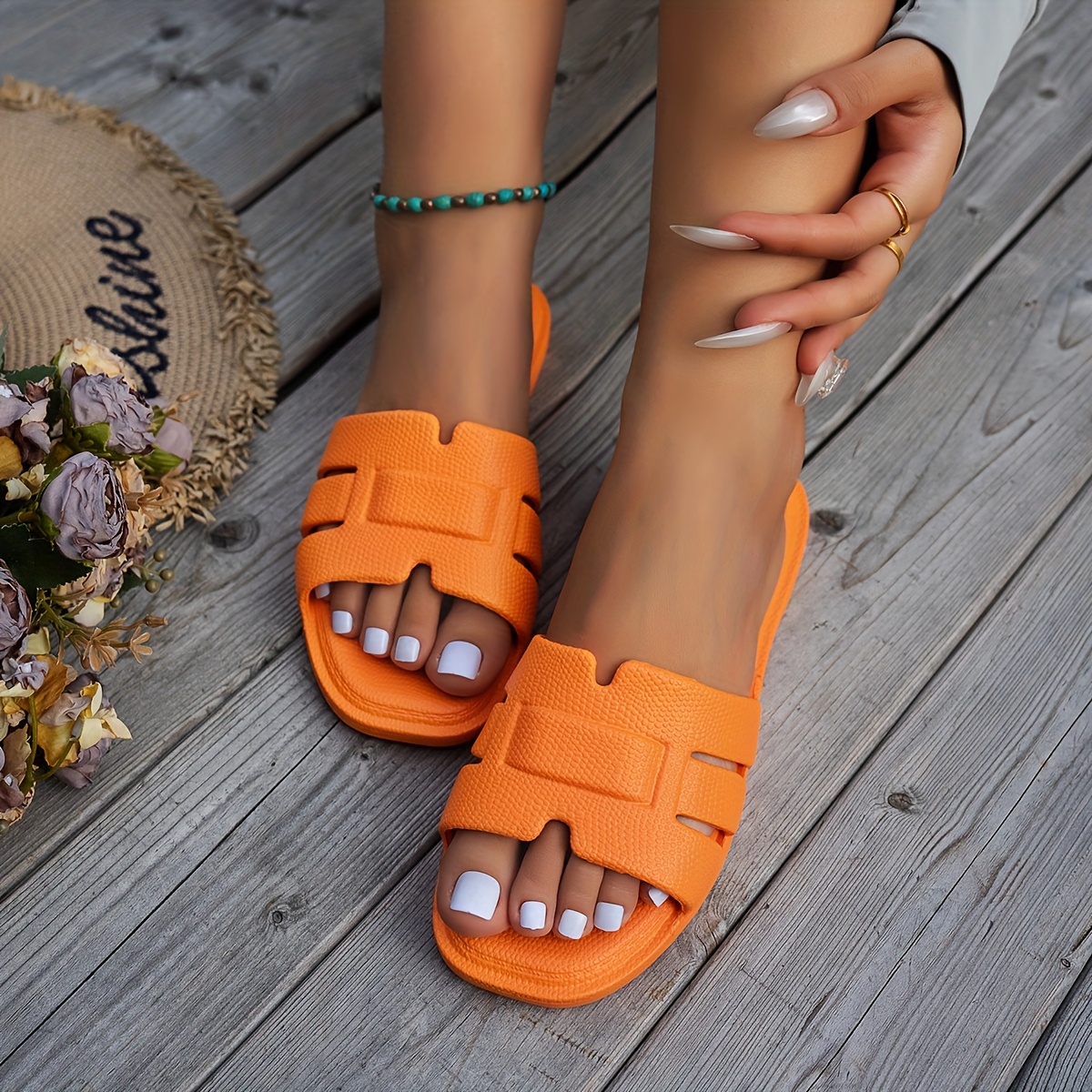 Women's Black EVA Flat Slides - Open Toe Summer Beach Sandals, Casual Comfortable Slip-On Shoes with Ankle Strap, Large Size for Outdoor Relaxation, Ladies Sandals